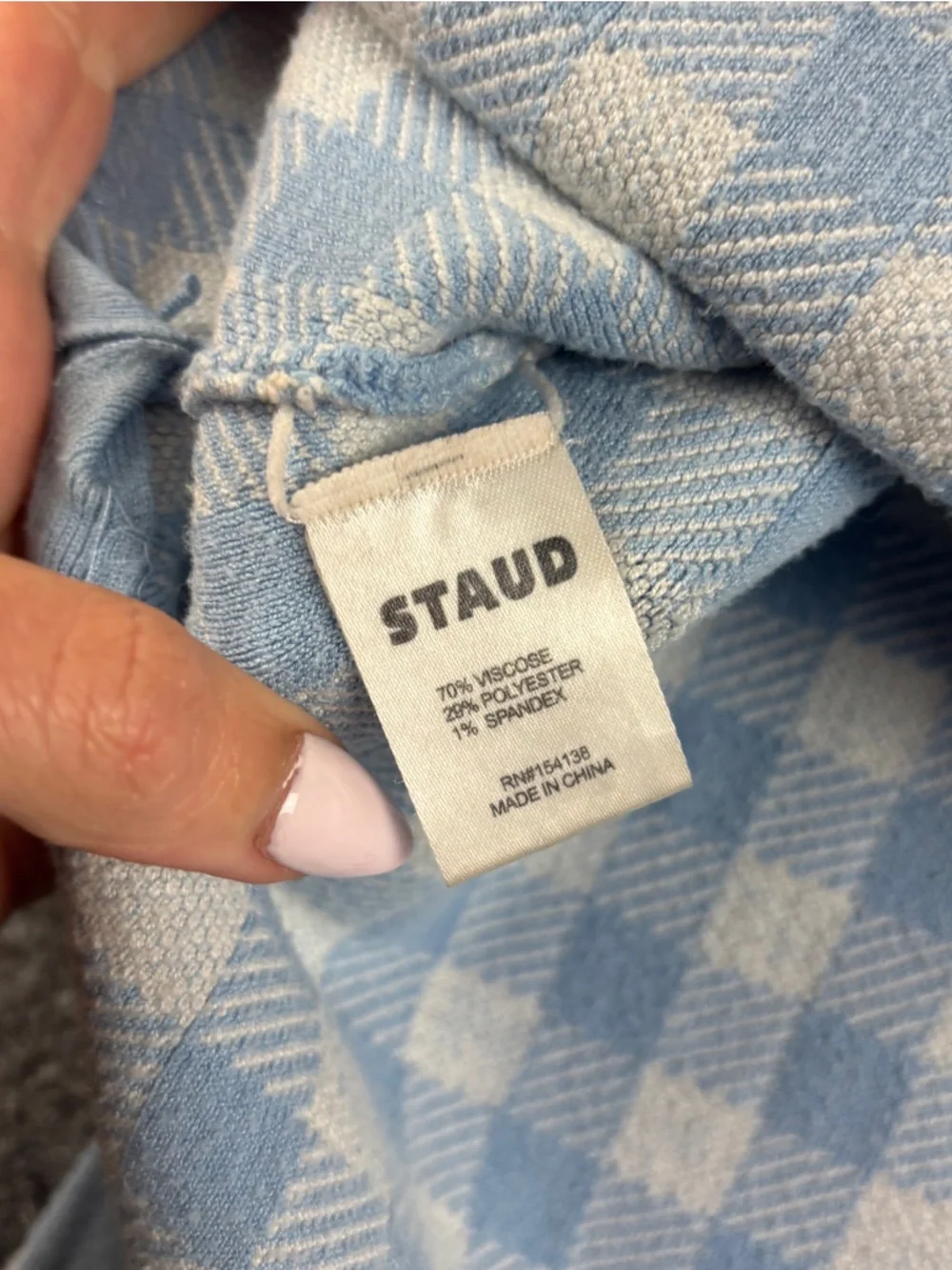 STAUD Women’s Blue/White Plaid Print Short Sleeve Midi Dress Mock Neck - Small - Picture 5 of 11